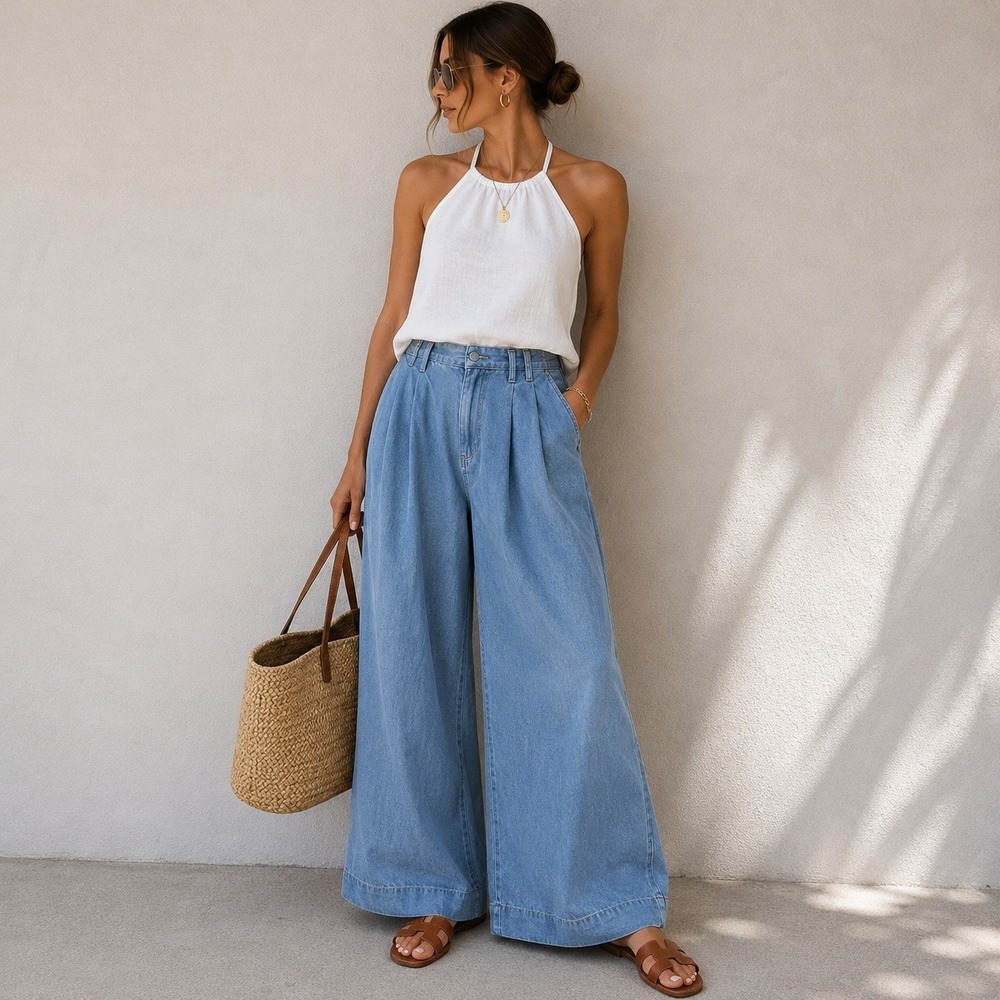 Chambray Wide Leg Jeans Womens 2 Blue Pleated Paperbag Waist Trousers Boho Chic - Picture 12 of 12